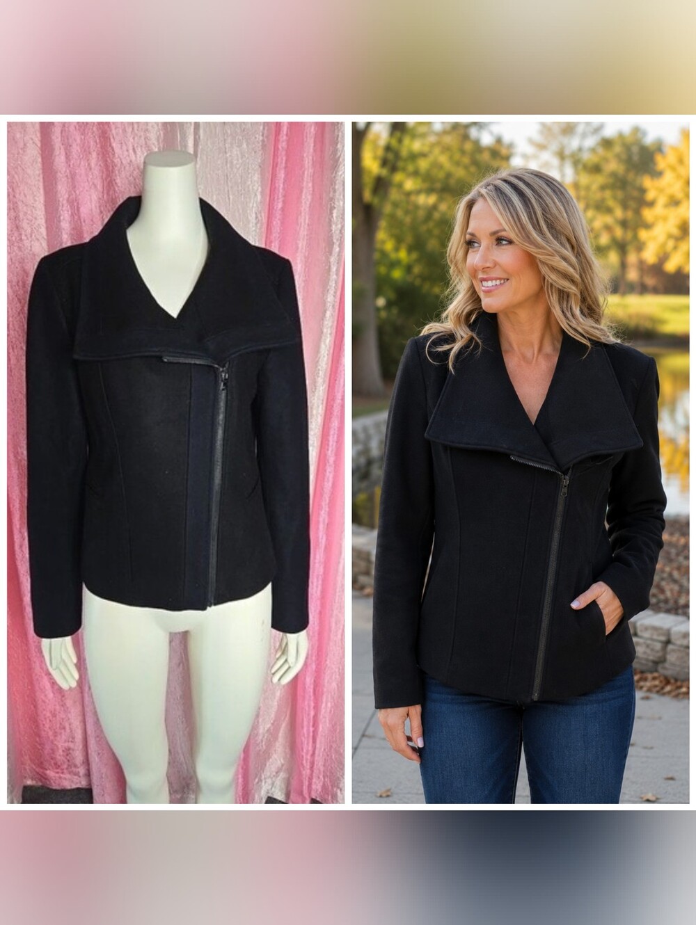 Ann Taylor Black Wool Blend Lined Zip Moto Hipster Jacket Size 12